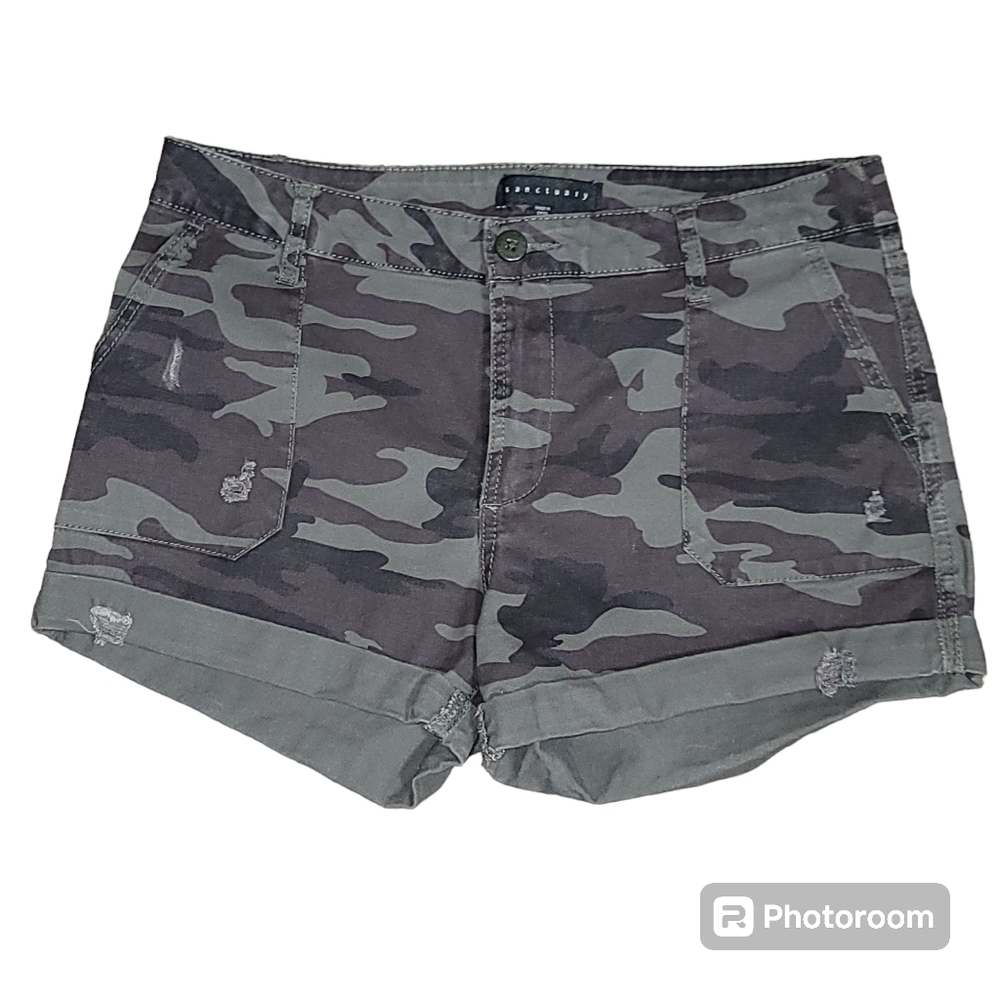 Sanctuary Women's Size 28 Distressed Camo Cuffed Denim Mid-rise Shorts Gorpcore